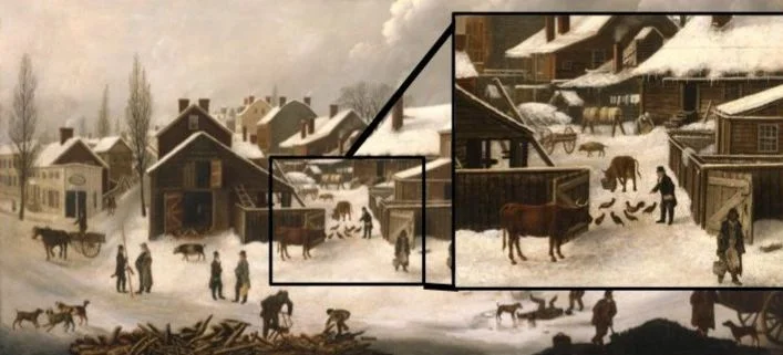 Detail of the painting, focusing on a man feeding chickens