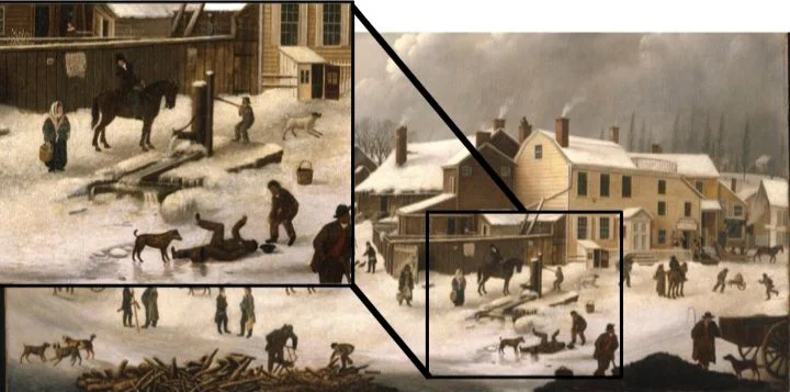 Detail of the painting, focusing on a man who has fallen on ice