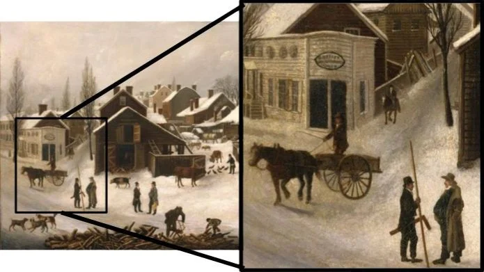 Detail of the painting, focusing on a horse pulling a man in a buggy