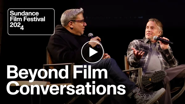Eugene Hernandez and Richard Linklater talk at a Festival panel. Thumbnail for Beyond Film Conversations on YouTube.