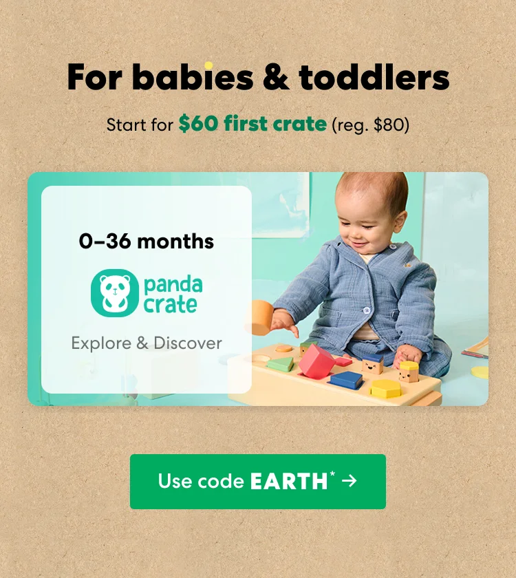 Baby playing with a KiwiCo Panda Crate toy. Designed for ages 0–36 months to explore and discover.