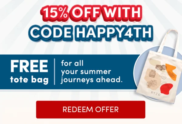 15% OFF with code HAPPY4TH | FREE tote bag for all your summer journeys ahead. | Redeem Offer