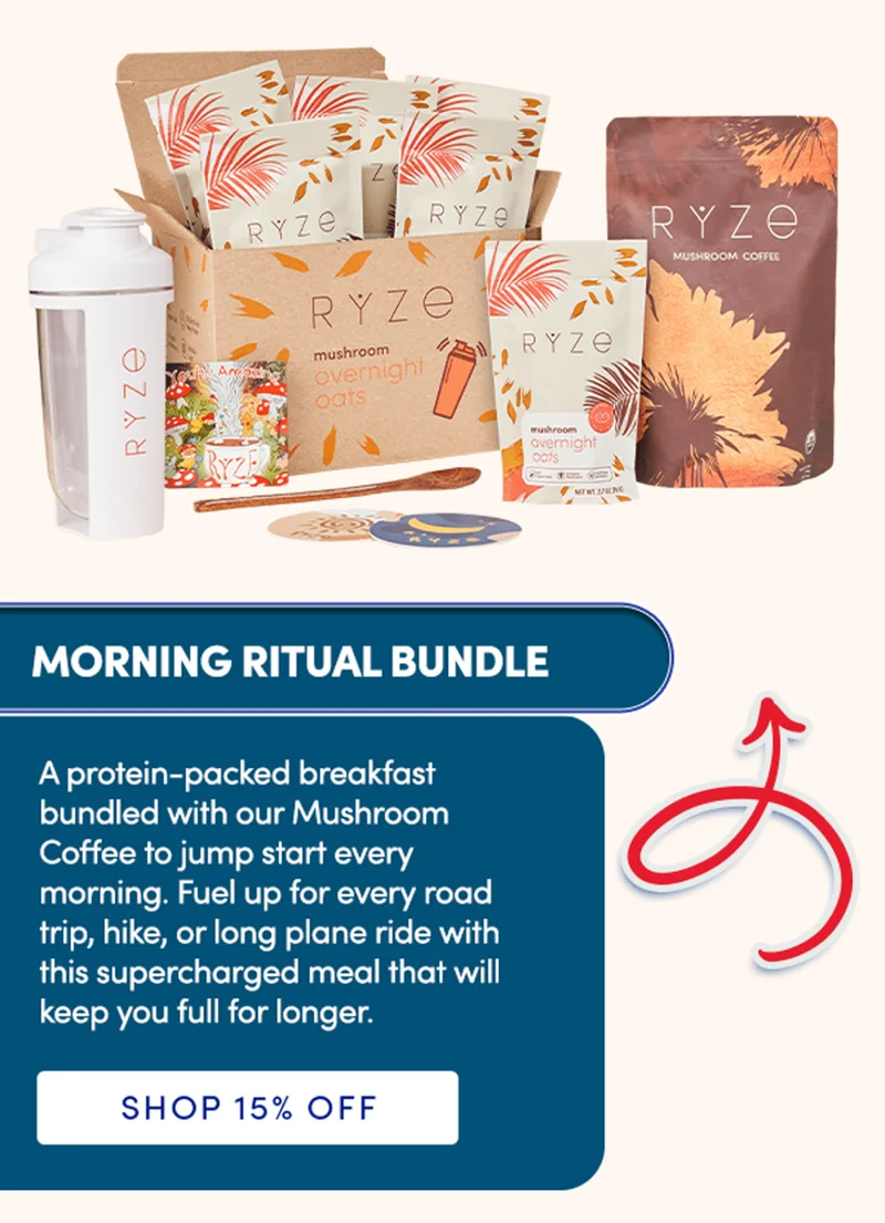 Morning Ritual Bundle: A protein-packed breakfast bundled with our Mushroom Coffee to jump start every morning. Fuel up for every road trip, hike or long plane rise with this supercharged meal that will keep you full for longer. | Shop 15% Off