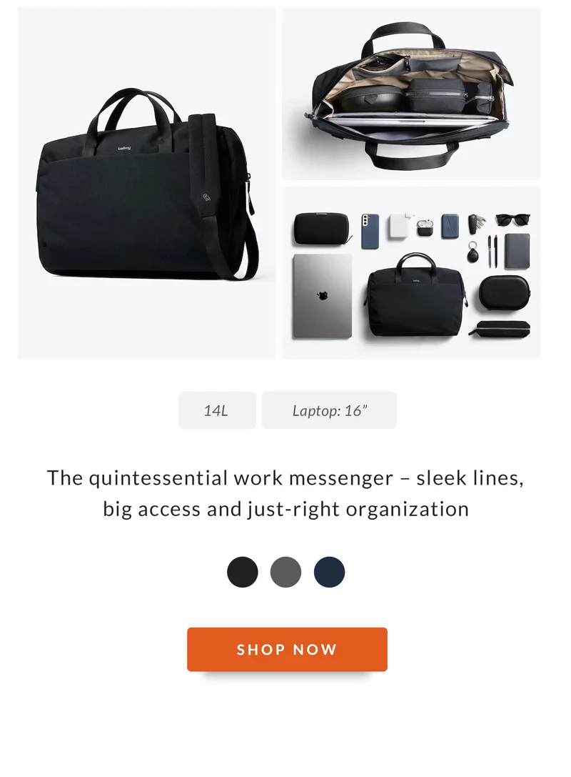 Via Work Bag  14L 16” laptop The quintessential work messenger – sleek lines, big access and just-right organization