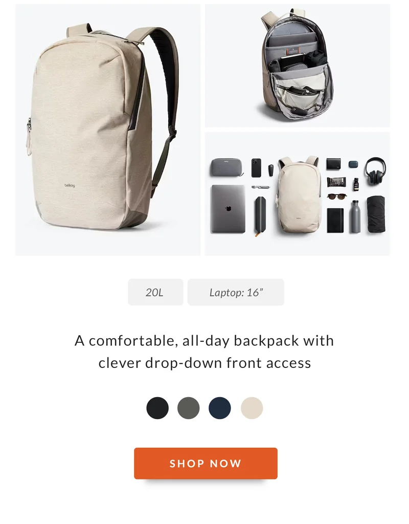 Via Backpack 20L  16” A comfortable, all-day backpack with clever drop-down front access