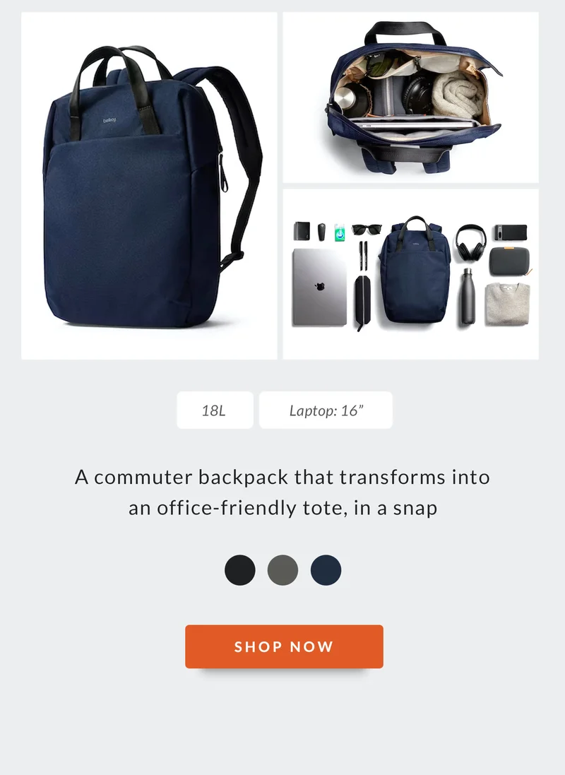 Via Workpack 18L 16” laptop A commuter backpack that transforms into an office-friendly tote, in a snap