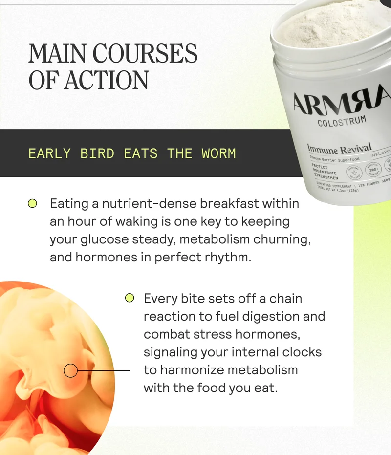 MAIN COURSES OF ACTION EARLY BIRD EATS THE WORM. Eating a nutrient-dense breakfast within an hour of waking is one key to keeping your glucose steady, metabolism churning. and hormones in perfect rhythm. Every bite sets off a chain reactigy to fuel digestion and combat stress hormones, signaling your internal clocks to harmonize metabolism with the food you eat.