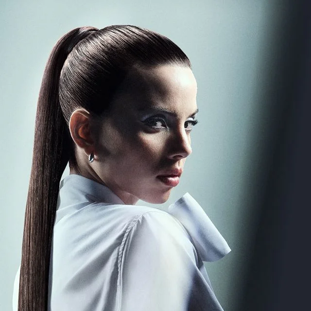 Model with a sharp Haute ponytail style, achieved using Dyson Beauty devices