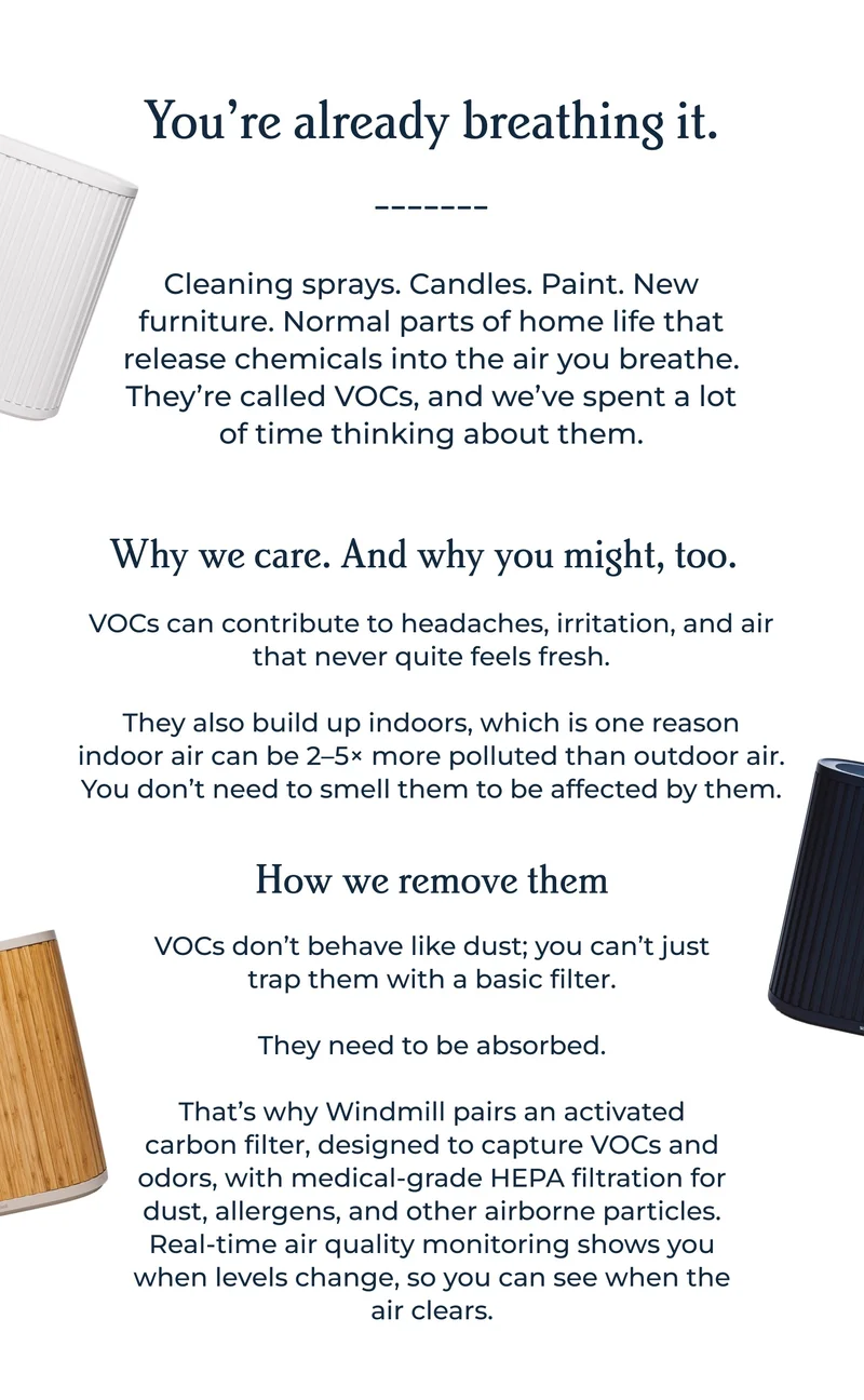 Cleaning sprays. Candles. Paint. New furniture. Normal parts of home life that release chemicals into the air you breathe. They’re called VOCs, and we’ve spent a lot of time thinking about them.