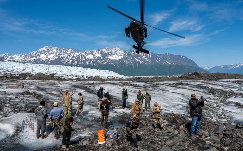 An Alaska National Guard helicopter takes off at Colony Glacier, Alaska, June 14, 2024. Operation Colony Glacier was an effort to recover the remains of service members and wreckage from a C-124 Globemaster II that crashed in November 1952 with 52 military members on board.