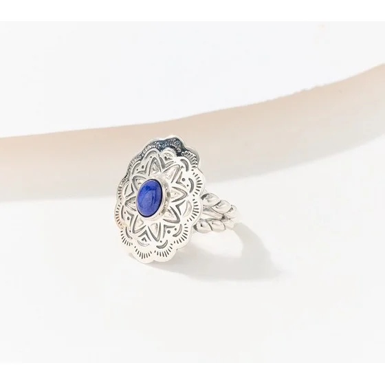 American West Sterling Silver Oval Gemstone Scalloped Concha Ring