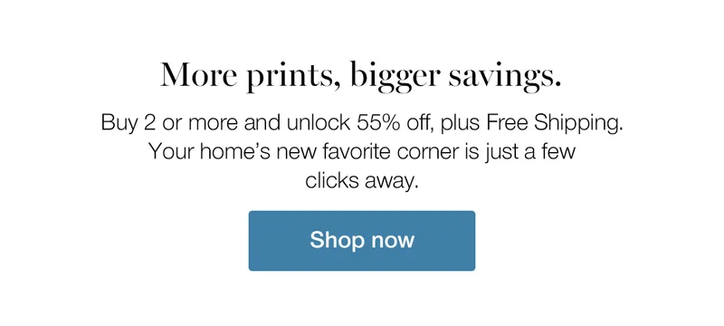More prints, bigger savings. Buy 2 or more and unlock 55% off, plus Free Shipping. Your home's new favorite corner is just a few click away.