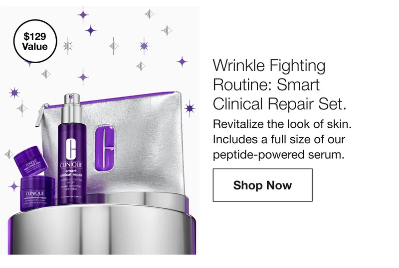 $129 Value | Wrinkle Fighting Routine: Smart Clinical Repair Set. | Revitalize the look of skin. Includes a full size of our peptide-powered serum. | Shop Now