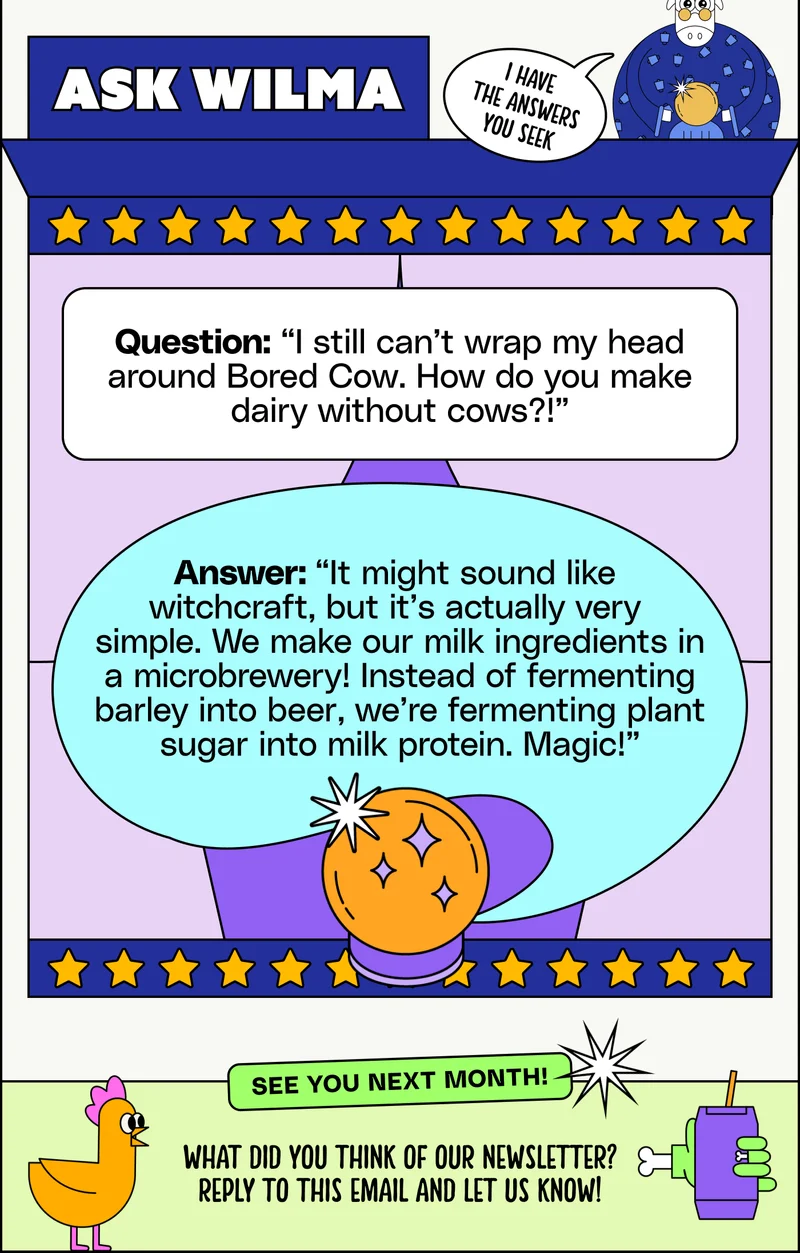 Ask Wilma I HAVE  THE ANSWERS YOU SEEK Question: “I still can’t wrap my head around Bored Cow. How do you make dairy without cows?!” Answer: “It might sound like  witchcraft, but it’s actually very  simple. We make our milk ingredients in a microbrewery! Instead of fermenting barley into beer, we’re fermenting plant sugar into milk protein. Magic!”