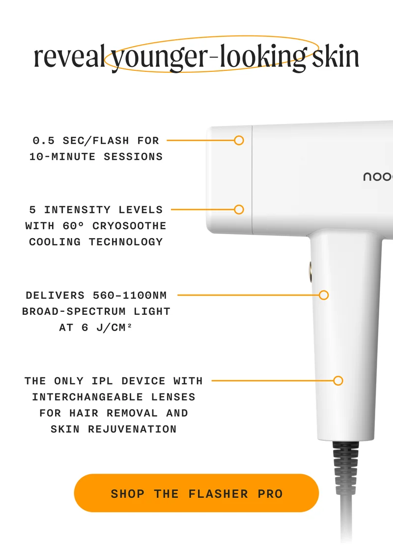 Reveal Younger-Looking Skin - 0.5 sec/flash for 10-minute sessions, 5 intensity levels with 60° CryoSoothe cooling technology, Delivers 560–1100nm broad-spectrum light at 6 J/cm², The only IPL device with interchangeable lenses for hair removal and skin rejuvenation - SHOP THE FLASHER PRO