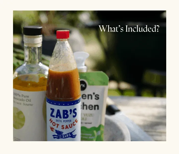 What's included? 750ml bottle of 100% Pure Avocado Oil, Zab's St. Augustine Style Hot Sauce, and Haven's Kitchen Herby Yuzu Aioli.