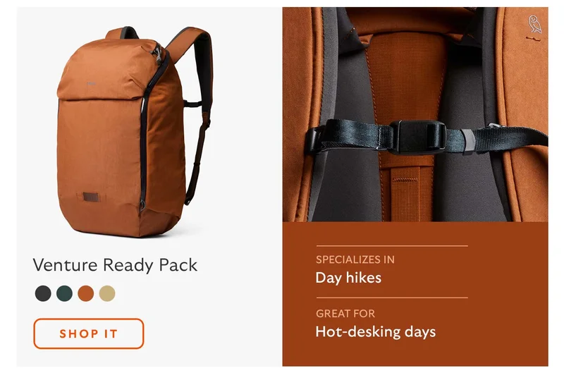 Venture Ready Pack Specialises in: DAY HIKES Great for: HOT-DESKING DAYS