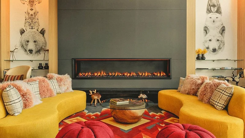 Image description: Fireplace in the lobby at Club Med Quebec Charlevoix.