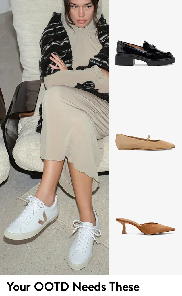 A woman wearing white Veja sneakers with a casual dress. Black loafers, tan flats and brown heels.