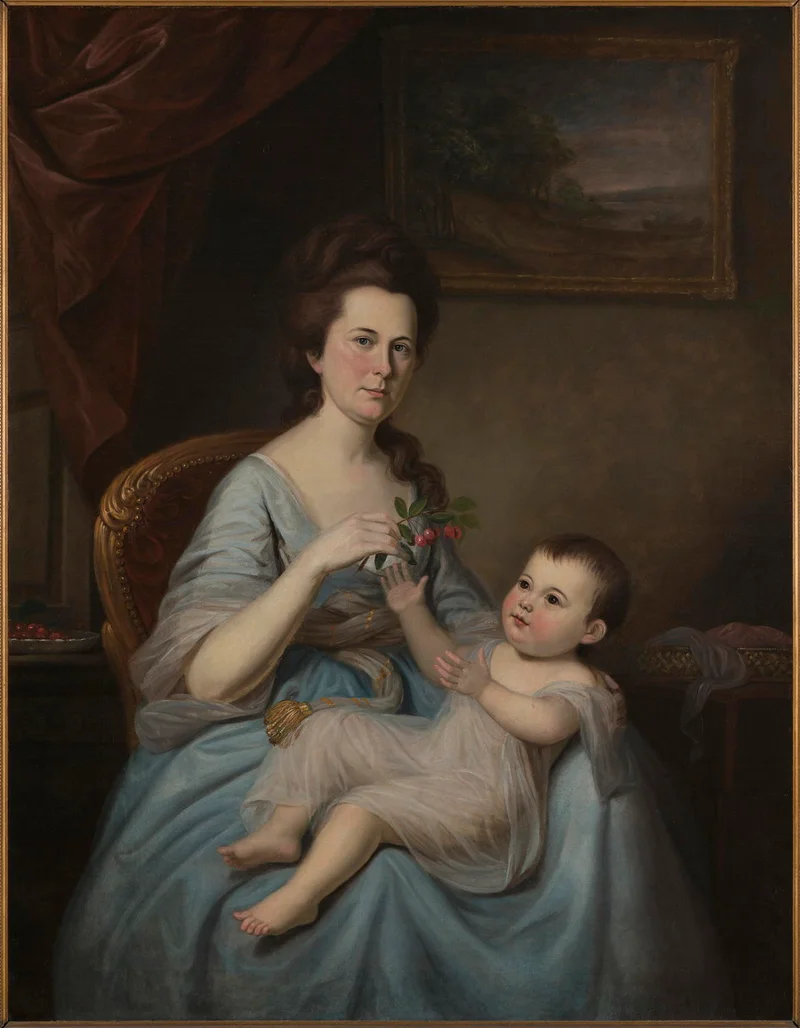 Painting of a woman in blue with a baby on her lap