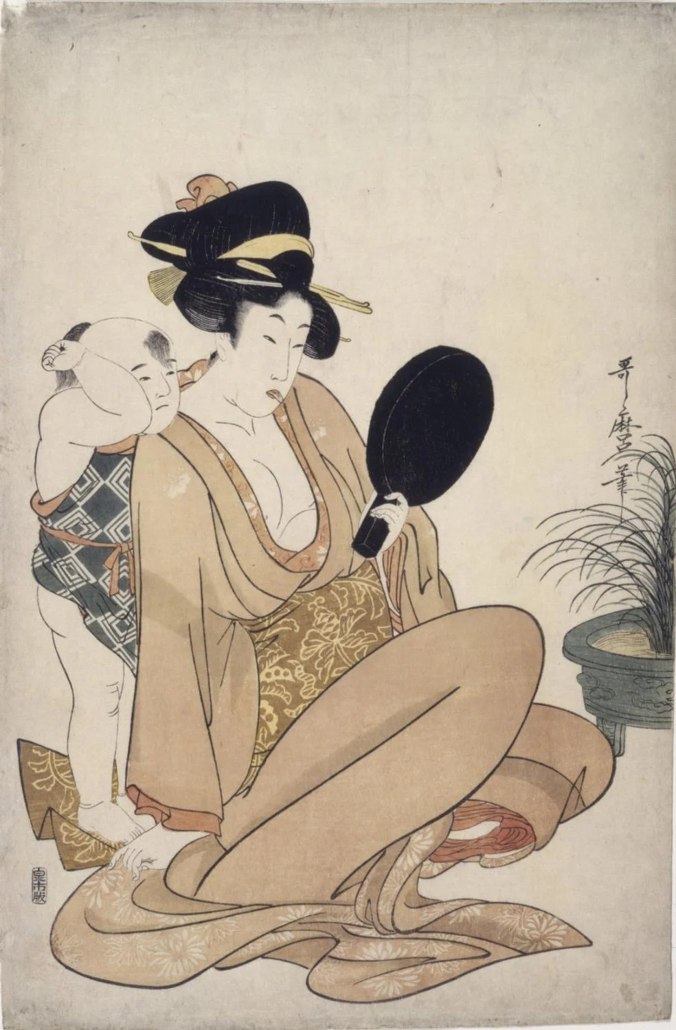 Print of a woman looking in a mirror with a child at her back