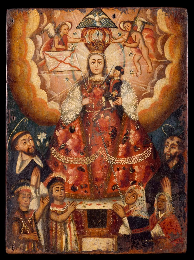 Painting showing a religious scene, with angels and figures surrounding a woman in a red dress