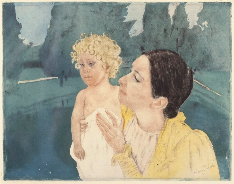 Painting of a woman in yellow holding a baby