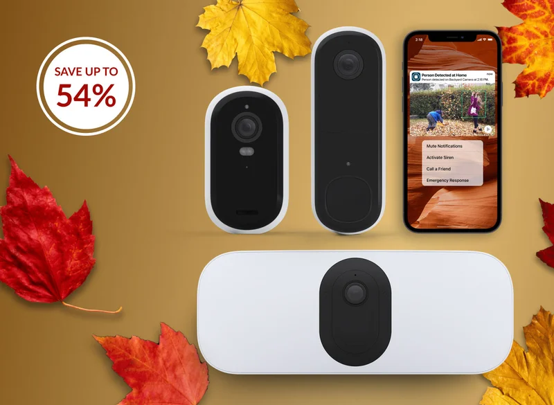 Get up to 54% off. Various Arlo security products next to fall leaves.