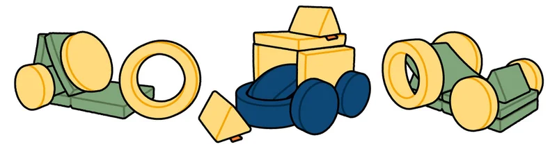Several drawn images of possible car builds using Chunks and Nuggets in the colors Lemonade, Blueridge, and Bamboo