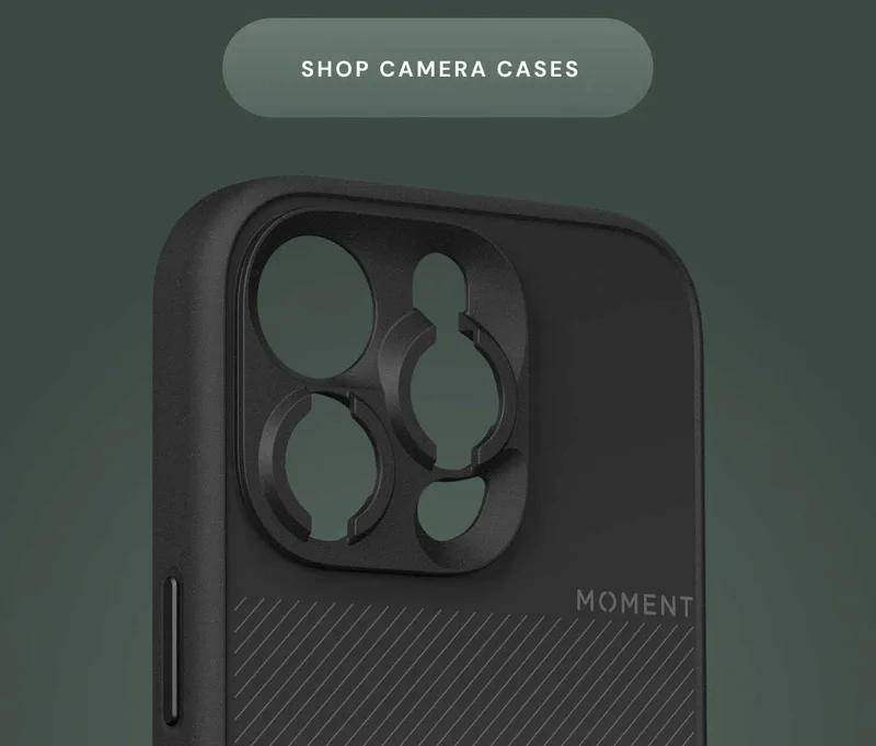 Image of a black iphone case on a green background with a button that reads "Shop Camera Cases"
