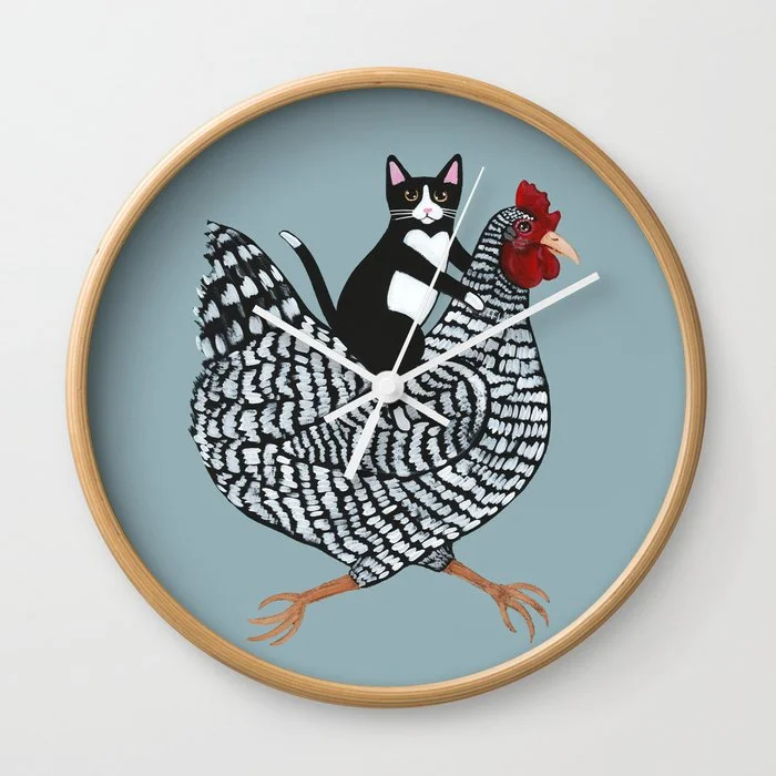 Tuxedo Cat Riding a Chicken Wall Clock Wall Clock