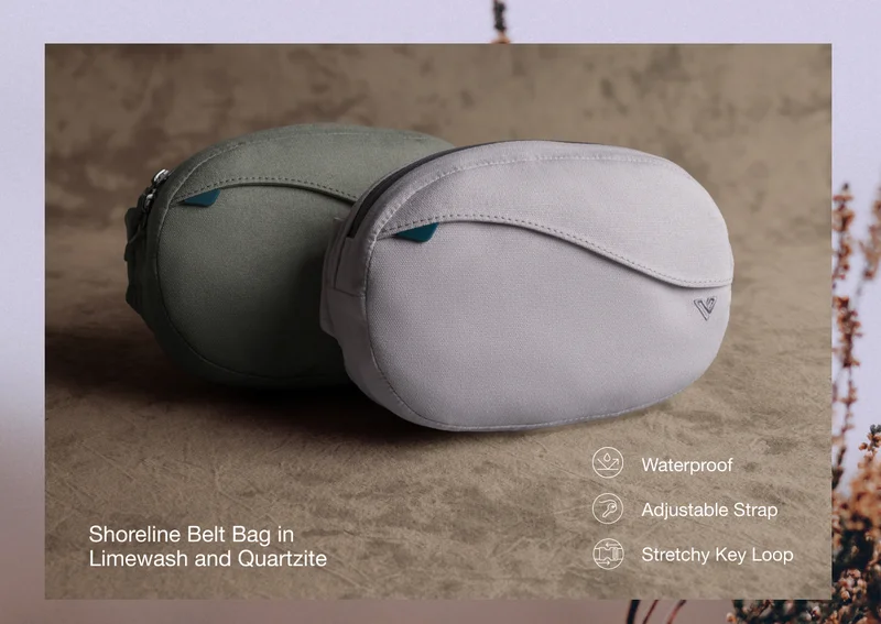 Graphic of Shoreline Belt Bag in Limewash and Quartzite. Waterproof, with adjustable strap and stretchy key loop.