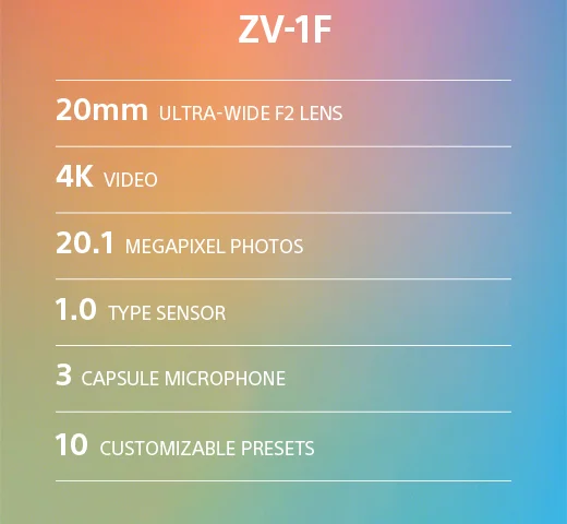 ZV-1F | 20mm Ultra-wide F2 Lens | 4K Video | 20.1 Megapixel photos | 1.0 Type sensor | 3 Capsule microphone | 10.3 Ounces | Customizable presets