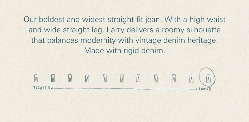 Our boldest and widest straight-fit jean. With a high waist and wide straight leg, Larry delivers a roomy silhouette that balances modernity with vintage denim heritage. Made with rigid denim.