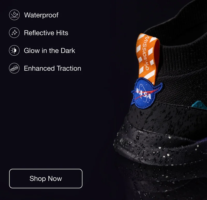 Graphic of the shoe features. Waterproof. Reflective Hits. Glow in the Dark. Enhanced Traction. Shop Now.