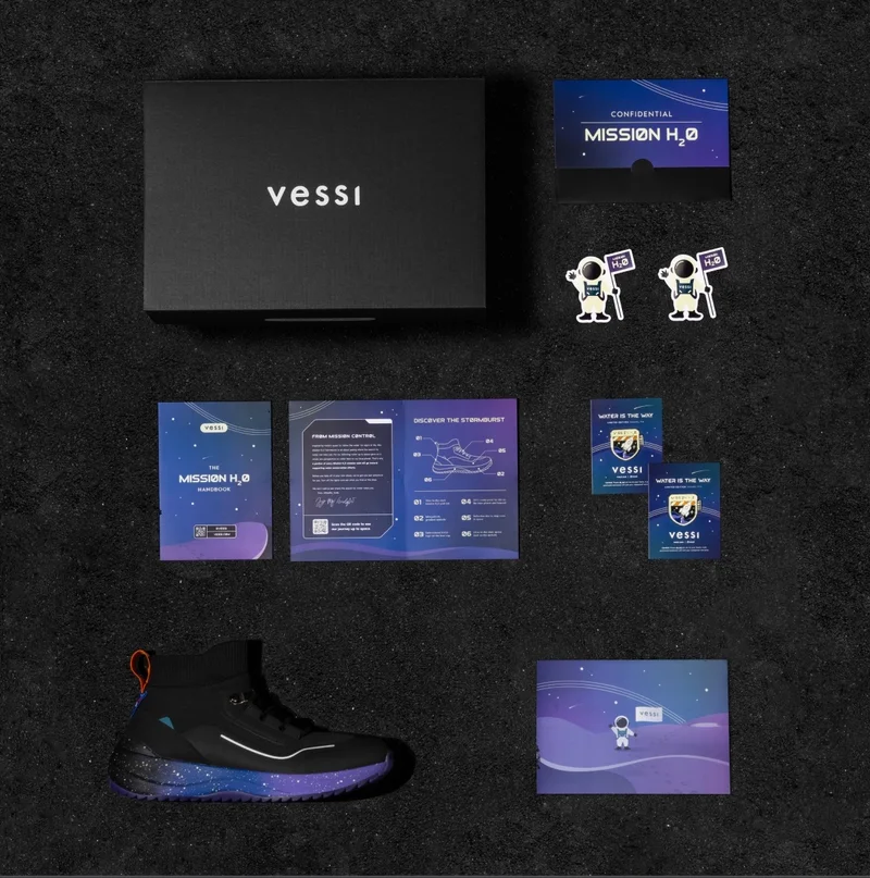Graphic of the Mission H20 Kit – including limited edition packaging, enamel pin, and stickers.