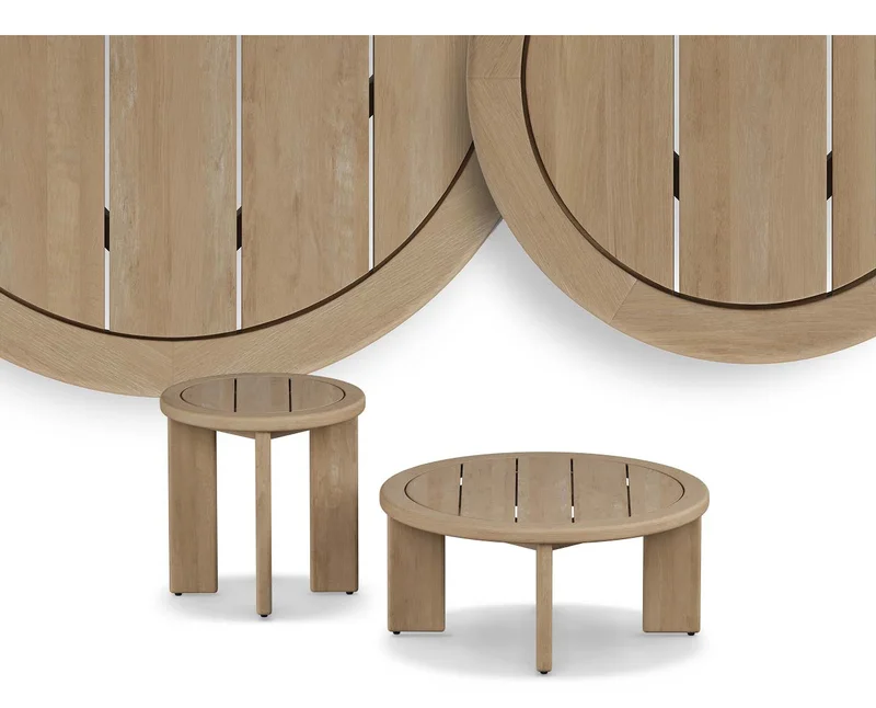We can’t blame you for giving in to the soft, inviting curves of the Daphne Outdoor Table Set. This 100% eucalyptus combo is practically begging you to sit down for a cocktail.