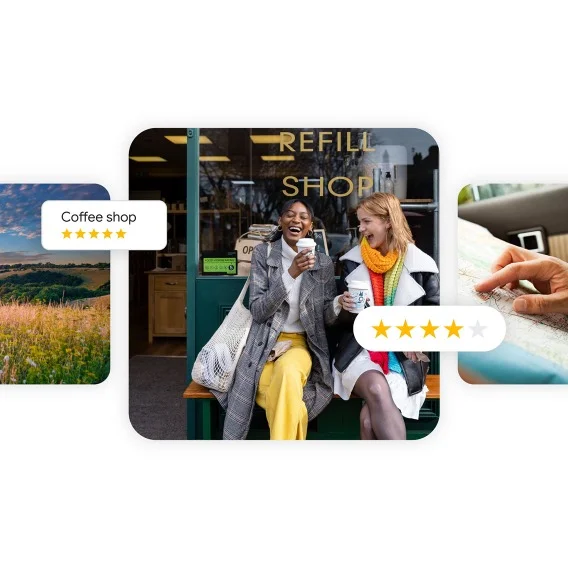 In the middle of the image, two women walk out of a coffee shop while laughing. Two pop up bubbles say “Coffee shop” with 4 gold stars out of 5.