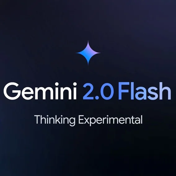 A gradient blue and purple diamond sits above text that reads “Gemini 2.0 Flash Thinking Experimental,” all against a black background.