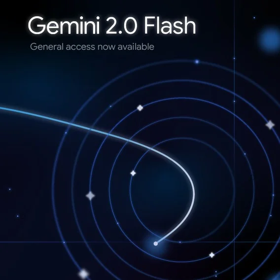 Dark blue graphic with concentric circles and a light blue line representing the launch of Gemini 2.0 Flash, with the text 'Gemini 2.0 Flash, General access now available.'