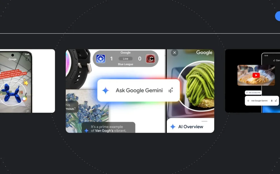 A few AI features are collaged together, including AI Overviews, the Gemini App and pop up real time scores.