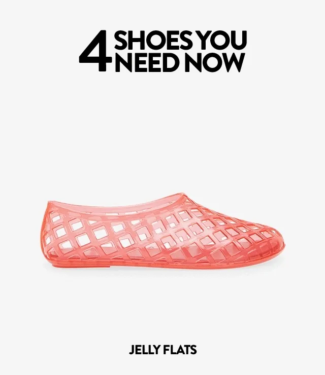 Pink jelly flats, raffia mary janes, pink sneakers and gold gladiator sandals.