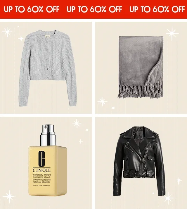 Up to 60% off. An assortment of products on sale.