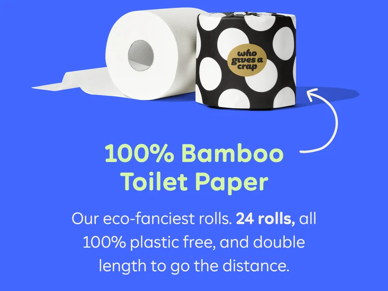 100% Bamboo Toilet Paper: Our eco-fanciest rolls. 24 rolls, all 100% plastic free, and double length to go the distance.