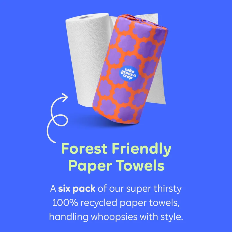 Forest Friendly Paper Towels: A six pack of our super thirsty 100% recycled paper towels, handling whoopsies with style.