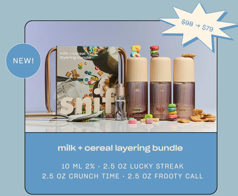 milk + cereal layering bundle [badge: new!] $98 → $79 10 ml 2% • 2.5 oz Lucky Streak • 2.5 oz Crunch Time • 2.5 oz Frooty Call