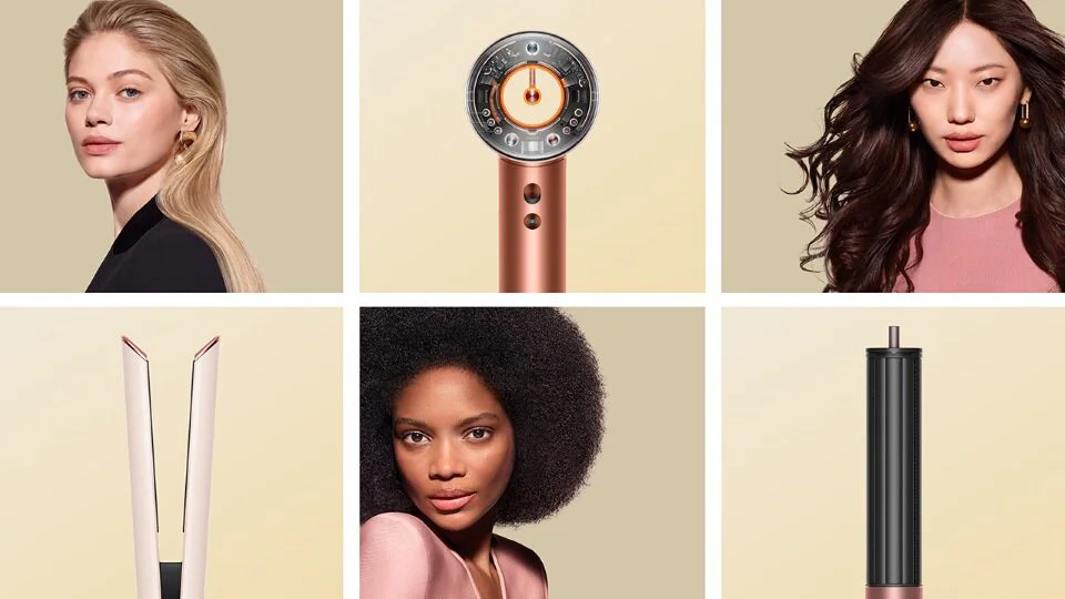 A collage of Dyson Beauty hair tools and models with immaculately styled hair