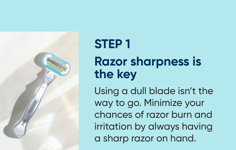 STEP 1 - Razor sharpness is the key. Using a dull blade isn’t the way to go. Minimize your chances of getting nicked, razor burn and irritation by always having a sharp razor at hand.