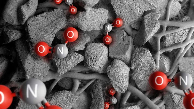 A computer generated image of NO₂ molecules trapped in the K-Carbon filter