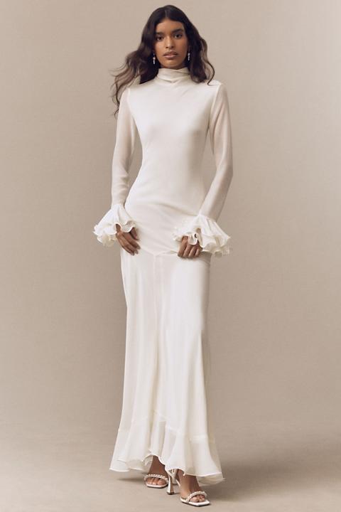 De La Vali Daira Mock-Neck Ruffle Long-Sleeve Bias-Cut Maxi Dress